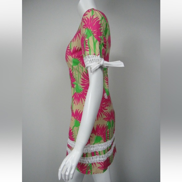 LILLY PULITZER Fiesta Beige Magenta Lime Floral Stretch Cotton Dress Size 4 - Picture 4 of 11